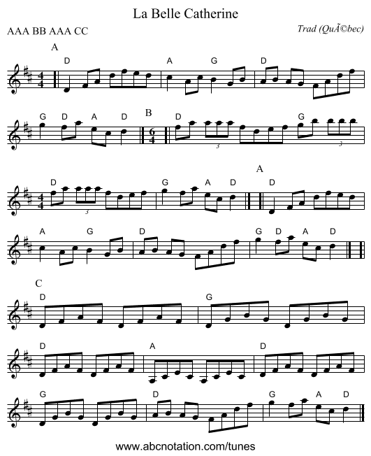 La Belle Catherine - staff notation