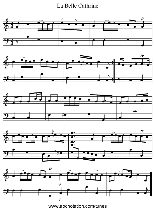La Belle Cathrine - staff notation