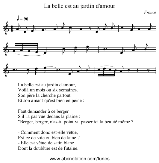 La belle est au jardin d'amour - staff notation