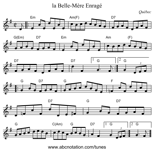 la Belle-M&egrave;re Enrag&eacute; - staff notation