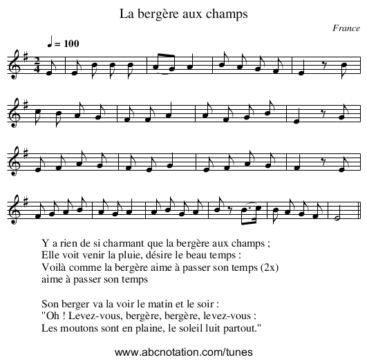 La bergère aux champs - staff notation