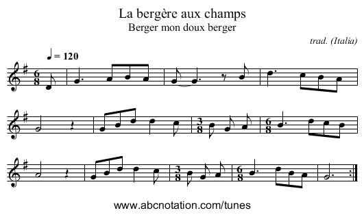 La bergère aux champs - staff notation