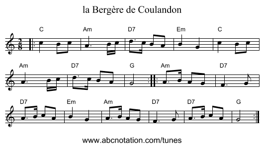 la Berg&egrave;re de Coulandon - staff notation