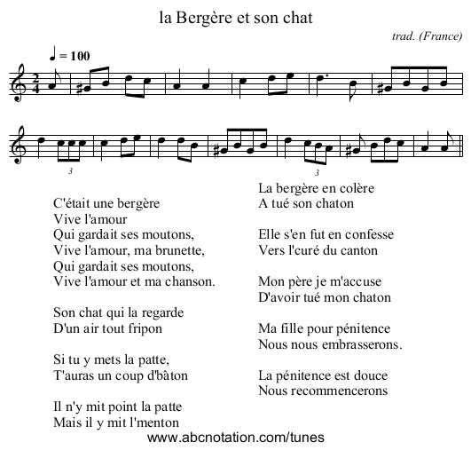 la Bergère et son chat - staff notation