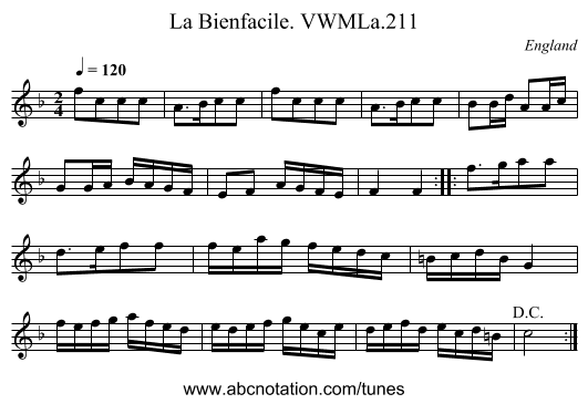 La Bienfacile. VWMLa.211 - staff notation