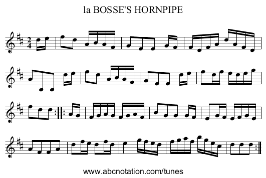 la BOSSE'S HORNPIPE - staff notation