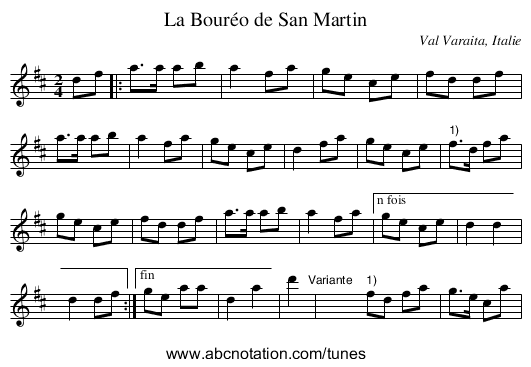 La Bouréo de San Martin - staff notation