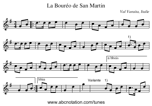 La Bouréo de San Martin - staff notation