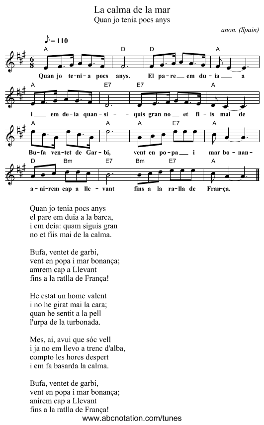 La calma de la mar - staff notation