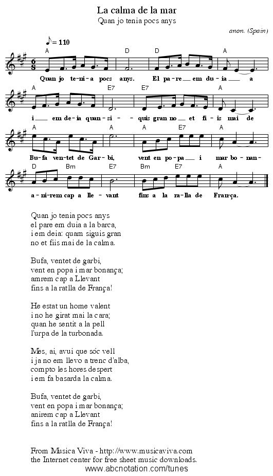 La calma de la mar - staff notation