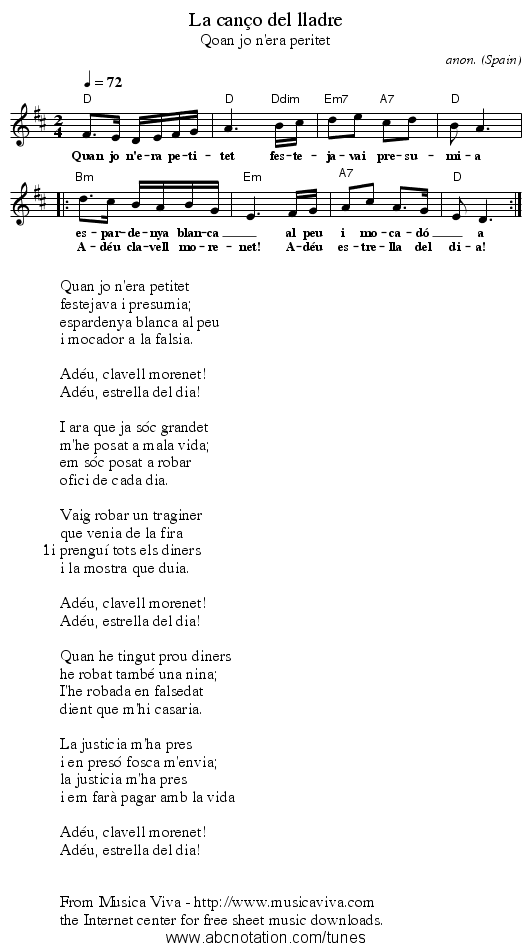 La can&ccedil;o del lladre - staff notation