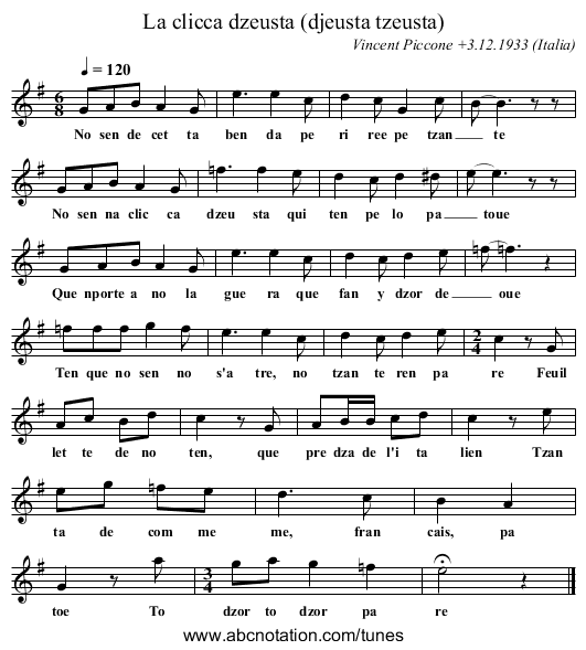 La clicca dzeusta (djeusta tzeusta) - staff notation