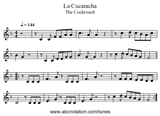 La Cucaracha - staff notation