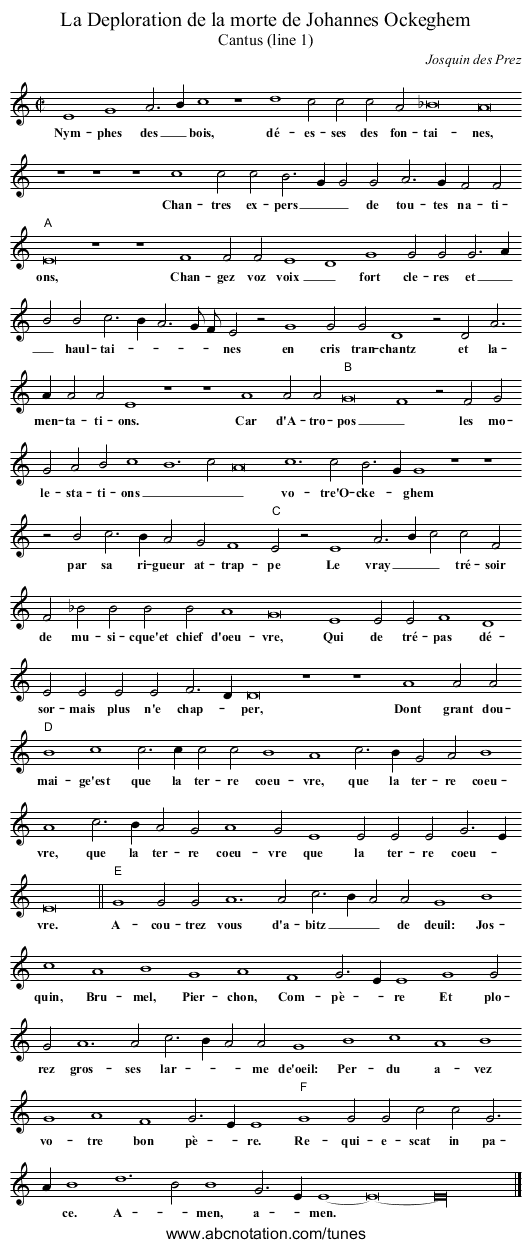 La Deploration de la morte de Johannes Ockeghem - staff notation