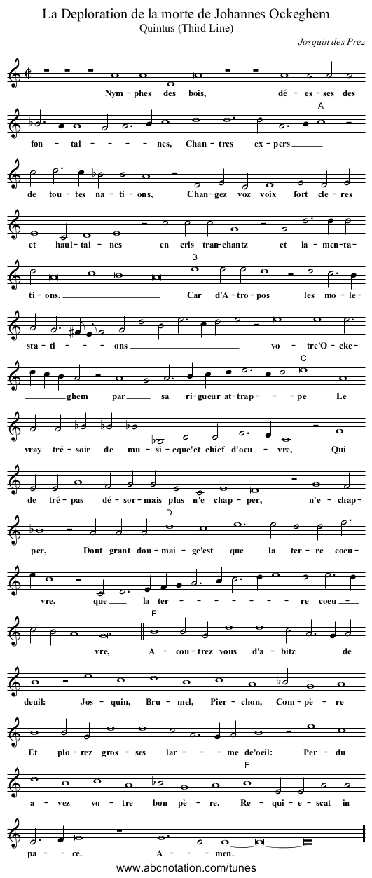 La Deploration de la morte de Johannes Ockeghem - staff notation