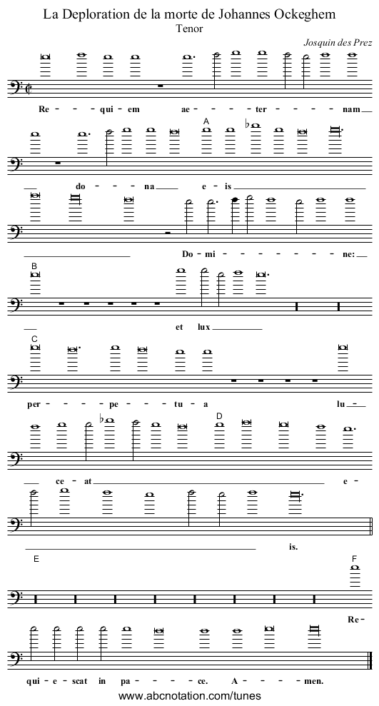 La Deploration de la morte de Johannes Ockeghem - staff notation