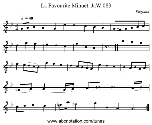La Favourite Minuet. JaW.083 - staff notation