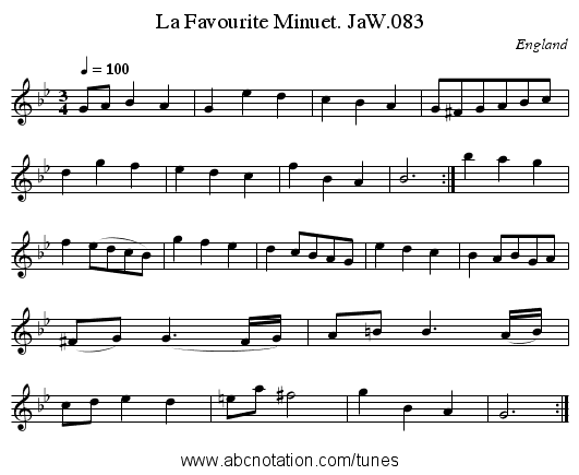 La Favourite Minuet. JaW.083 - staff notation