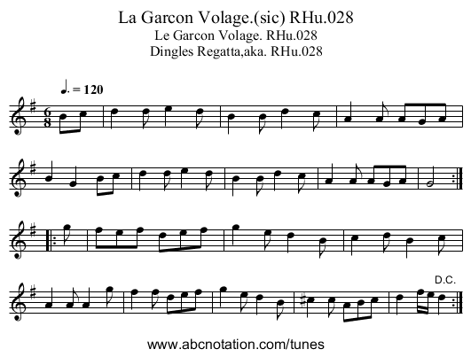 La Garcon Volage.(sic) RHu.028 - staff notation
