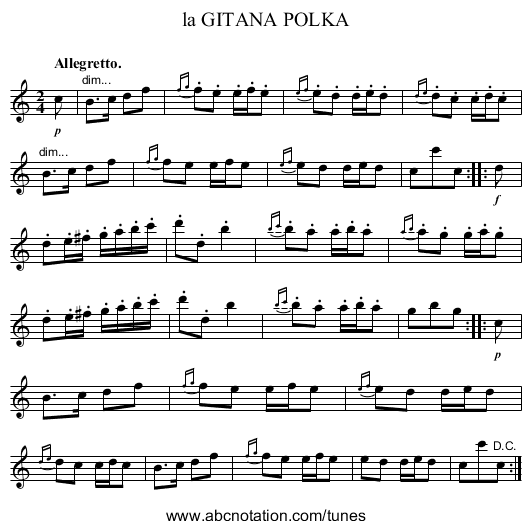 la GITANA POLKA - staff notation