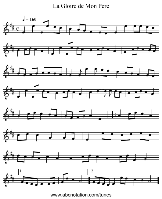 La Gloire de Mon Pere - staff notation