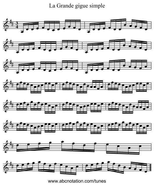 La Grande gigue simple - staff notation