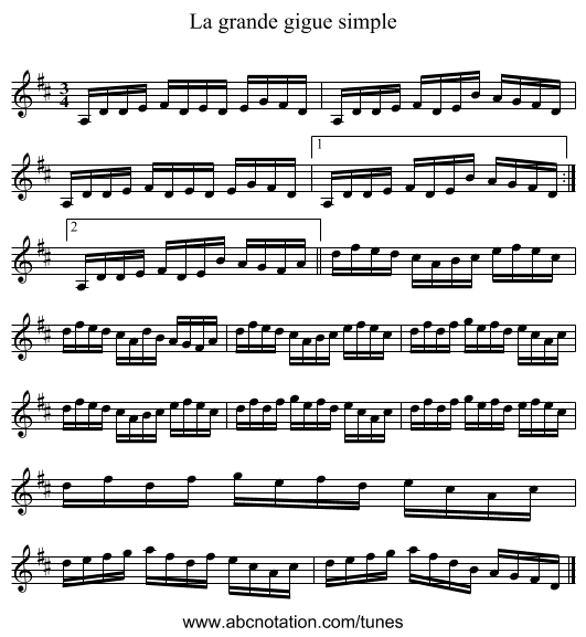 La grande gigue simple - staff notation