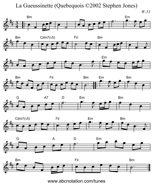La Gueussinette (Quebequois &copy;2002 Stephen Jones) - staff notation