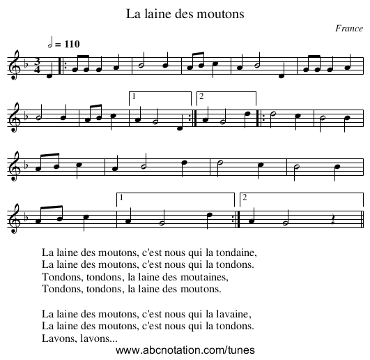 La laine des moutons - staff notation