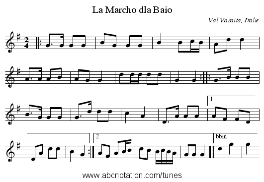 La Marcho dla Baio - staff notation