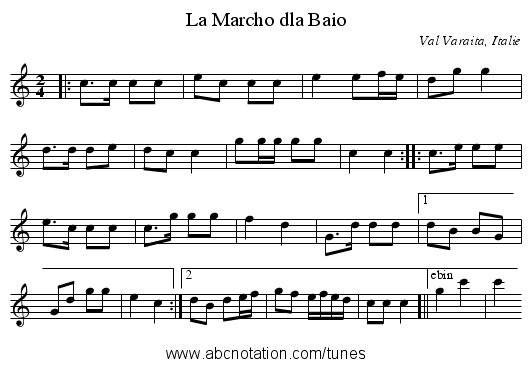 La Marcho dla Baio - staff notation