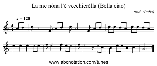 La me nòna l'è vecchierèlla (Bella ciao) - staff notation