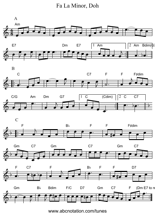 La Minor, Doh, Fa - staff notation