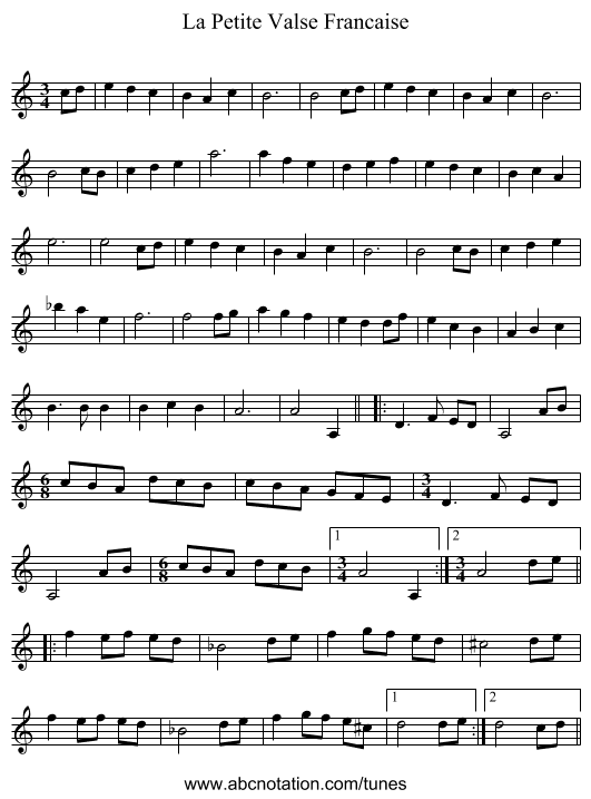 La Petite Valse Francaise - staff notation