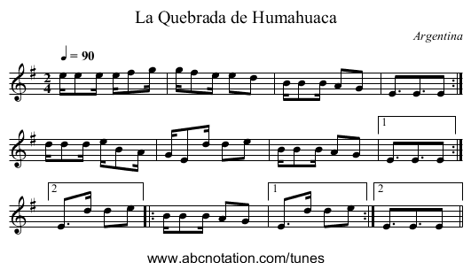 La Quebrada de Humahuaca - staff notation