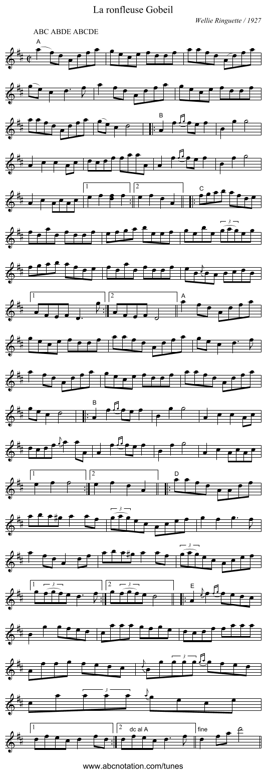 La ronfleuse Gobeil - staff notation