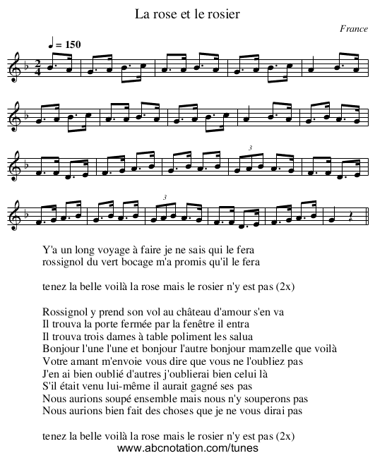 La rose et le rosier - staff notation