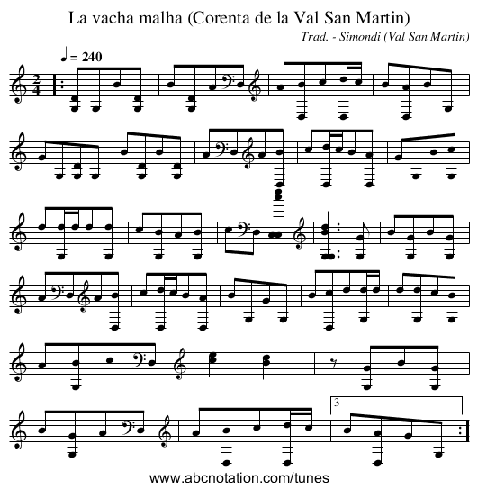La vacha malha (Corenta de la Val San Martin) - staff notation