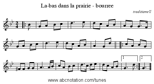 La-bas dans la prairie - bourree - staff notation