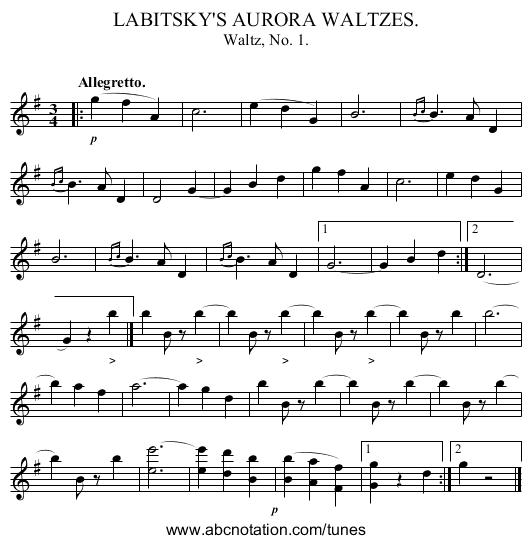 LABITSKY'S AURORA WALTZES. - staff notation