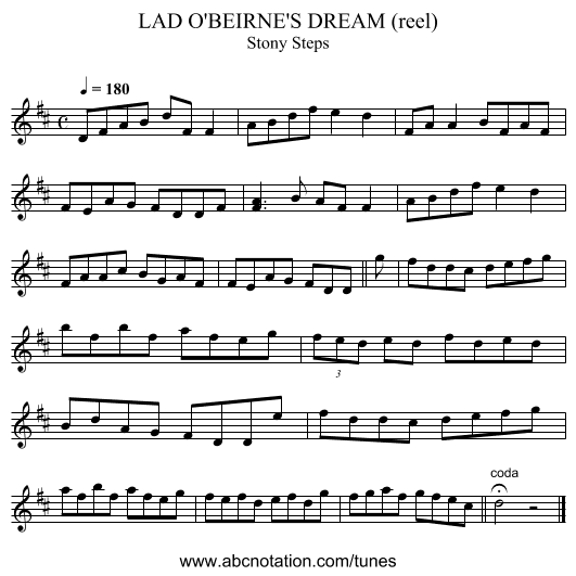 LAD O'BEIRNE'S DREAM (reel) - staff notation