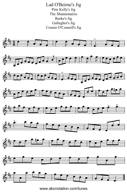 Lad O'Beirne's Jig - staff notation