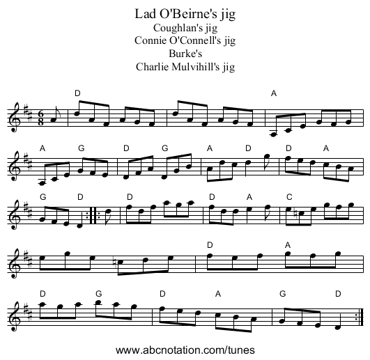 Lad O'Beirne's jig - staff notation