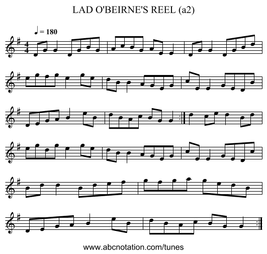 LAD O'BEIRNE'S REEL (a2) - staff notation