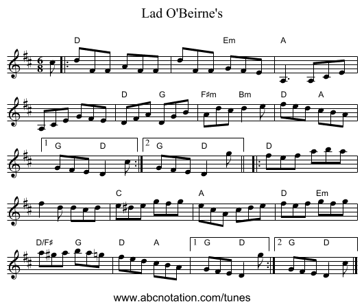 Lad O'Beirne's - staff notation