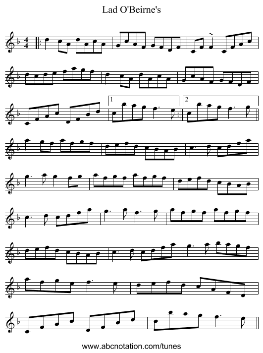 Lad O'Beirne's - staff notation