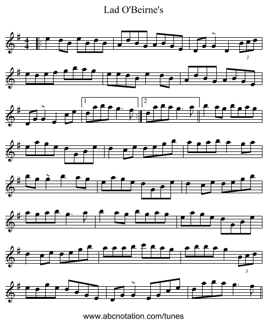 Lad O'Beirne's - staff notation