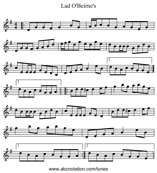 Lad O'Beirne's - staff notation