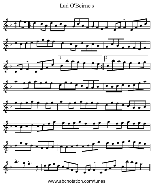 Lad O'Beirne's - staff notation