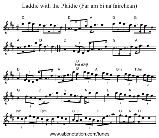 Laddie with the Plaidie (Far am bi na fairchean) - staff notation